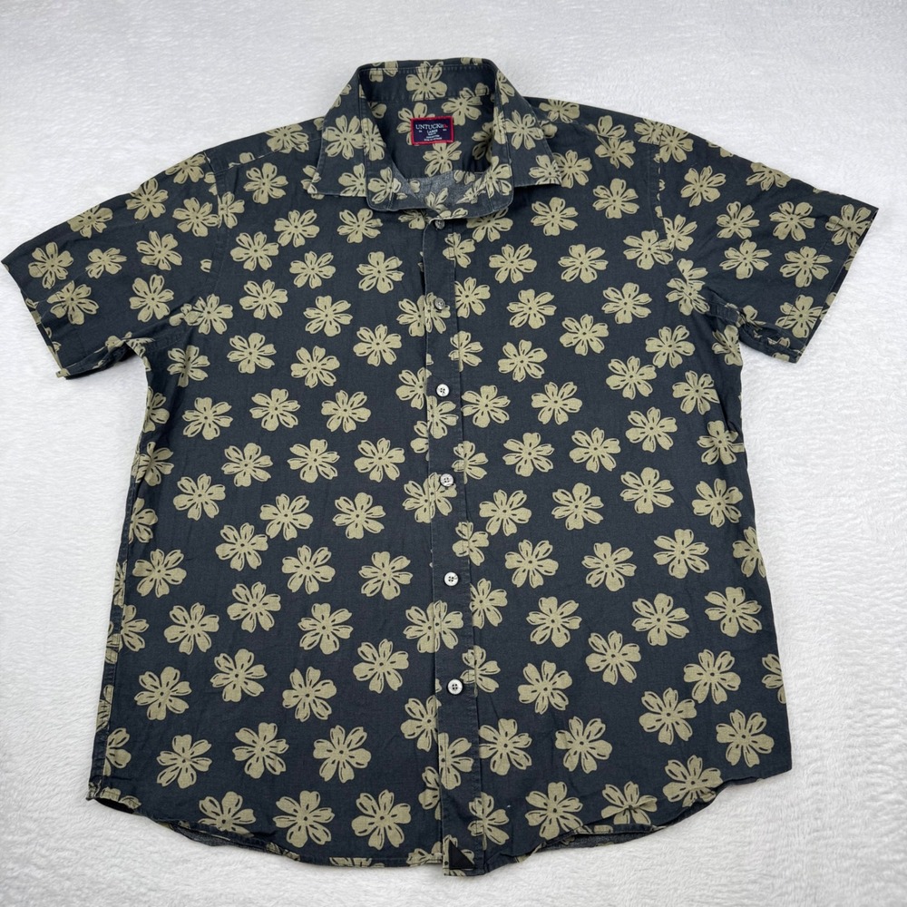 UNTUCKit Floral Button Down Shirt Mens Large Navy Blue Slim Fit Short Sleeve